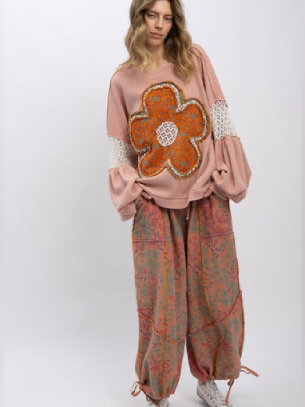 BlueVelvet Floral Patchwork soft pink waffle Knit top long sleeve Orange Floral - Picture 2 of 4